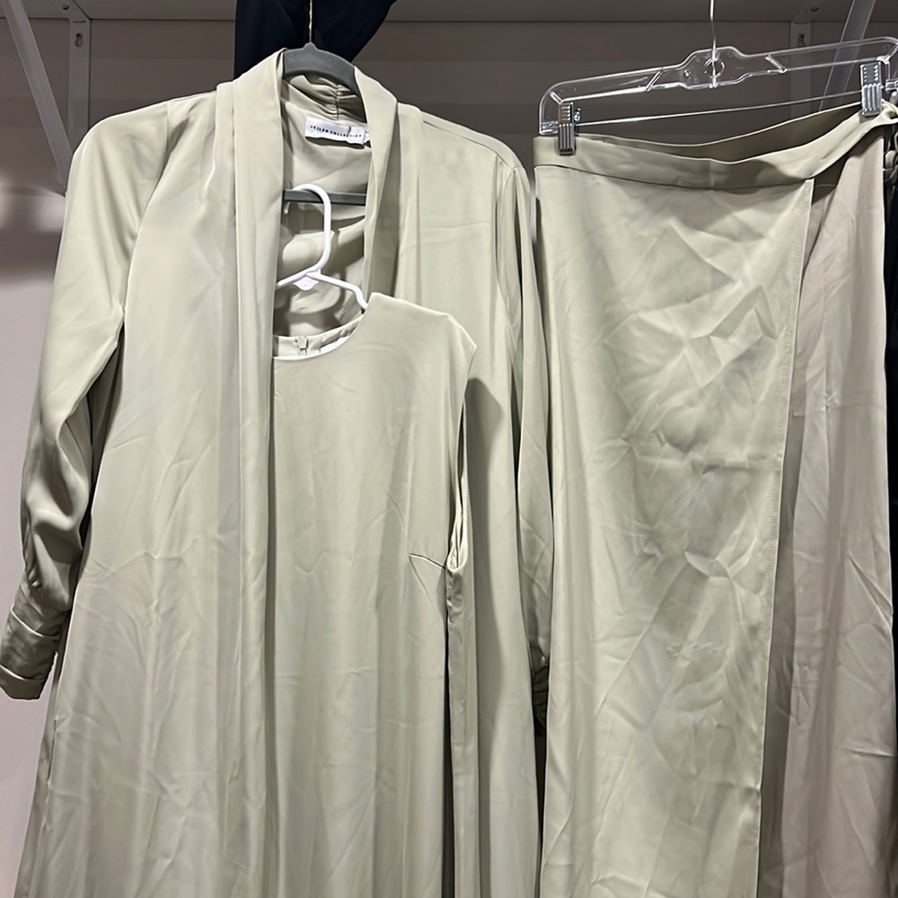 Veiled collection 3 pc set abaya with sleeveless dress and over skirt with belt